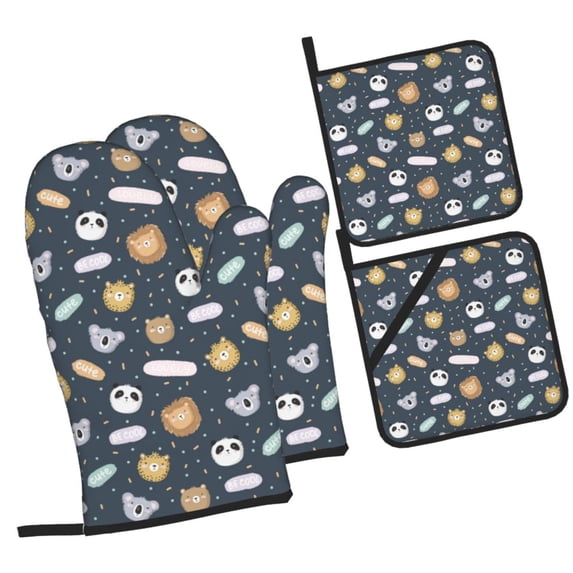 Pofeuu Cartoon Animals Print Oven Mitts and Pot Holders 4 pcs Set,High Heat Resistant 500 Degree Extra Thicken Long Kitchen Cotton Oven Glove for Cooking