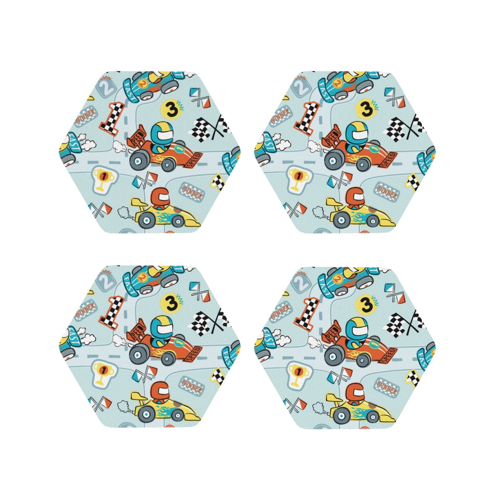 Pofeuu Cartoon Car Racing Print Coasters for Drinks, 4Pack PU Leather ...