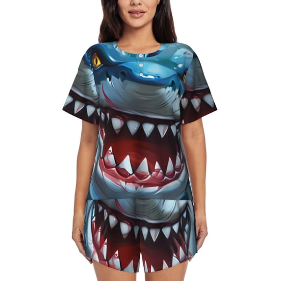 Pofeuu Cartoon Cute Shark Print Women's Pajama Set Short/Shorts Soft Button PJs Elastic Drawstring Waist Sleepwear-3X-Large