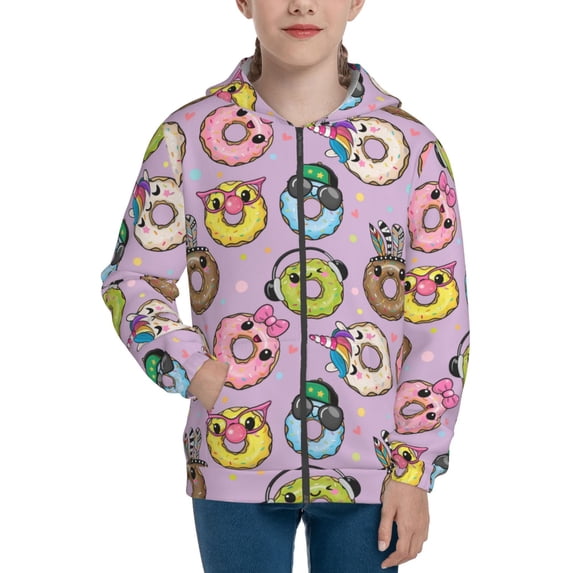 Pofeuu Cartoon Donuts Print Teenage Zipper Hoodie Sweatshirts Hooded Casual Jackets With Pocket For Boys Girls-Small