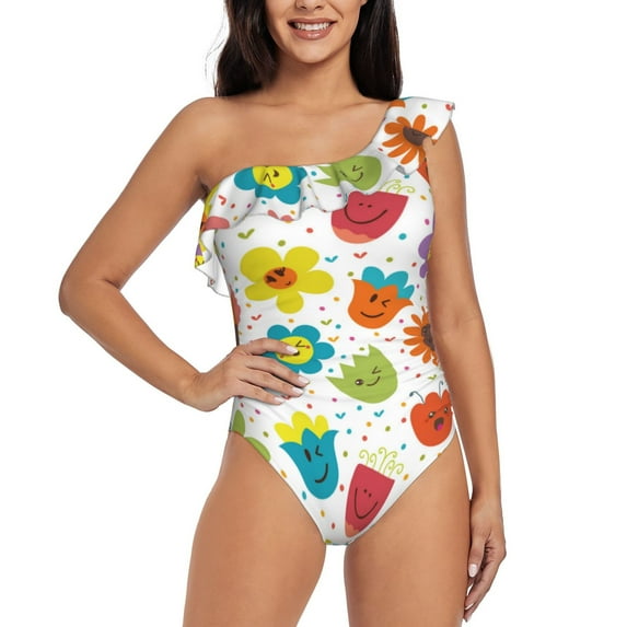 Pofeuu Cartoon Flowers Print Women's One Piece Swimsuits One Shoulder Swimwear Asymmetric Ruffle Monokinis Bathing Suits-Small