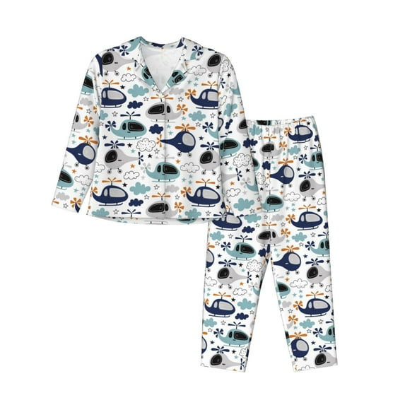 Pofeuu Cartoon Helicopters Print Womens Pajamas Set Long Sleeve Sleepwear Button Down Nightwear Soft Pj Lounge Sets Button Down Pajamas Women-Medium