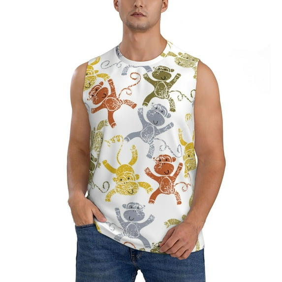 Pofeuu Cartoon Monkey Print Men's Muscle T-Shirt, Sleeveless, Muscle Tank, Classic Muscle Tee Top For Men Casual Sleeveless Muscle T-Shirt Trendy Clothes-X-Large