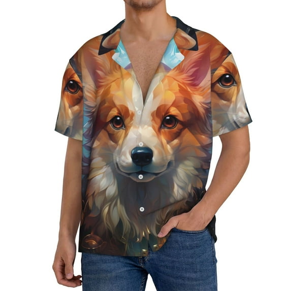 Pofeuu Cartoon Pattern Corgi Print Mens Casual Short Sleeve Shirts Beach Summer Spread Collar Pocket Tops Men's Casual Short-sleeved Shirt-3X-Large