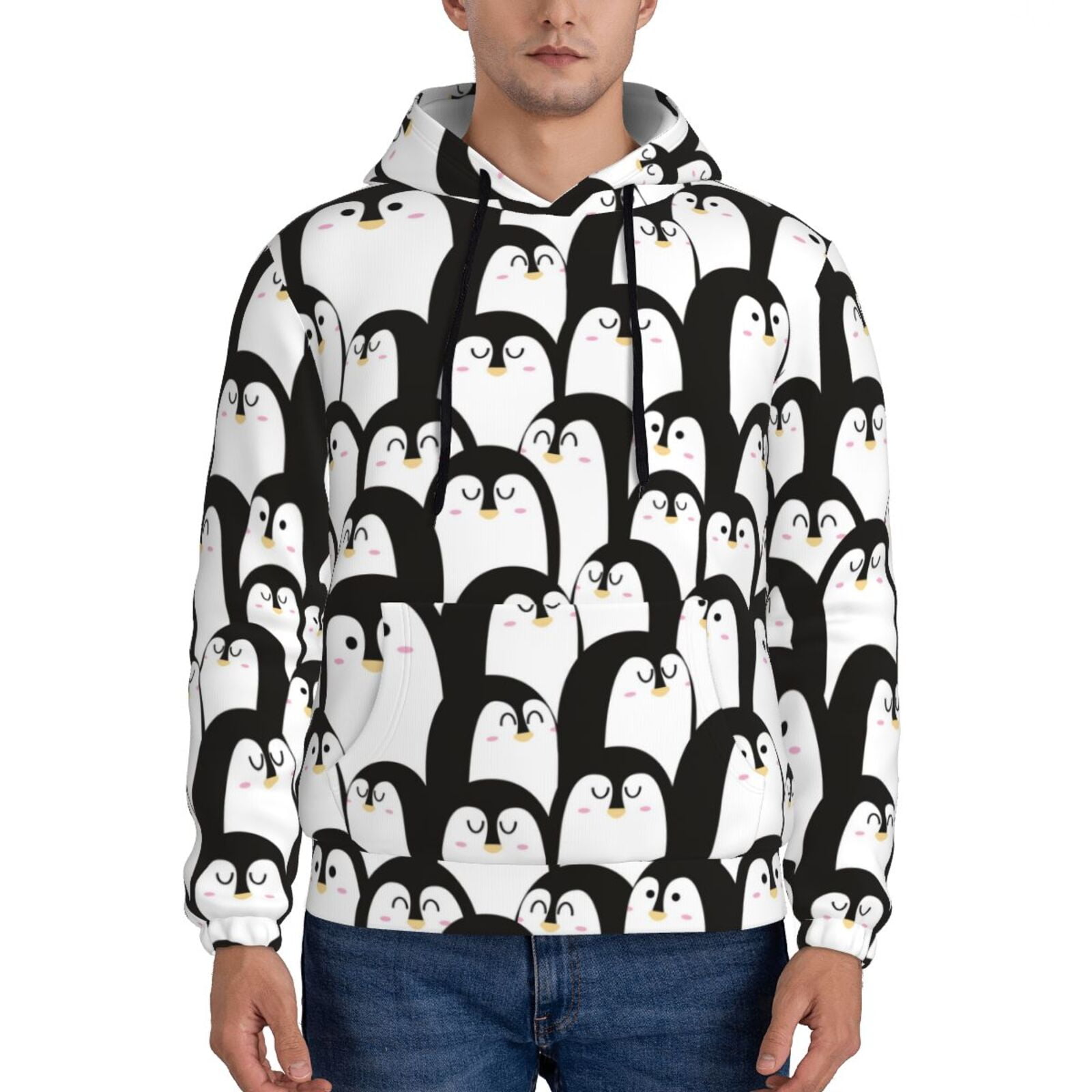 Pofeuu Cartoon Penguin Print Mens Casual Hooded Collar Drawstring Hoodies Pullover Sweatshirts ...