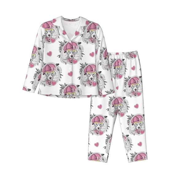 Pofeuu Cartoon Poodle Dog Print Womens Pajamas Set Long Sleeve Sleepwear Button Down Nightwear Soft Pj Lounge Sets Button Down Pajamas Women-Small