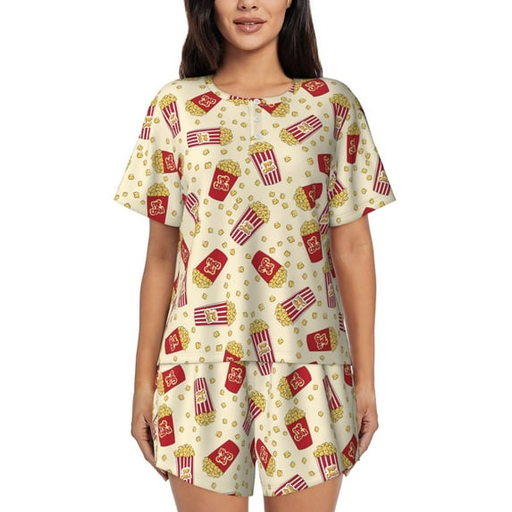 Pofeuu Cartoon Popcorn Print Women's Pajama Set Short/Shorts Soft Button PJs Elastic Drawstring Waist Sleepwear-X-Large