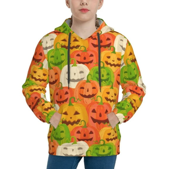 Pofeuu Cartoon Pumpkins Print Kids Pullover Hoodies Warm Thick Hooded Sweatshirt with Packet for Boys Girls-Small
