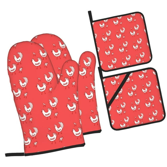 Pofeuu Cartoon Rooster Print Oven Mitts and Pot Holders 4 pcs Set,High Heat Resistant 500 Degree Extra Thicken Long Kitchen Cotton Oven Glove for Cooking