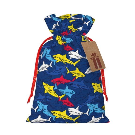 Pofeuu Cartoon Shark Print Burlap Bags with Drawstrings Drawstring Gift Bags Pouch Bag for Thankgiving Birthday Party Gift Wrapping Treats and Party Favors-Small