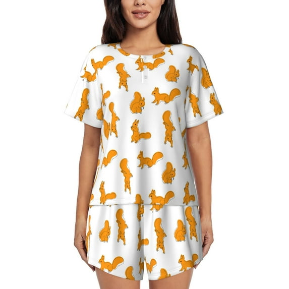Pofeuu Cartoon Squirrel Print Women's Pajama Set Short/Shorts Soft Button PJs Elastic Drawstring Waist Sleepwear-Large