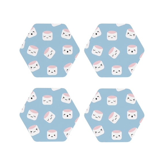 Pofeuu Cartoon Sushi Print Coasters for Drinks, 4Pack PU Leather Coasters, Bar Drink Coasters for Tabletop Protection, Furniture from Damage-Hexagon