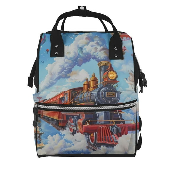 Pofeuu Cartoon Train Hot Air Balloon Print Diaper Bag Backpack, Multifunction Travel Pack Maternity Baby Changing Bags, Large Capacity, Waterproof