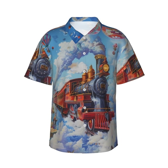 Pofeuu Cartoon Train Hot Air Balloon Print Hawaiian Shirt for Men Sleeves Casual Button Down Summer Beach Dress Shirts T-Shirts,Medium