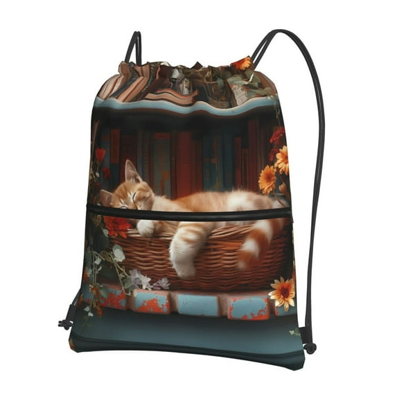 Pofeuu Cat Asleep Among Flowers Print Drawstring Backpack Water Resistant String Bag Sports Sackpack Gym Sack with Side Pocket for Men Women