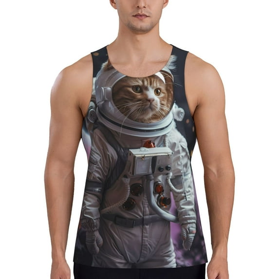 Pofeuu Cat Astronaut In Space Print Men's Workout Tank Tops Sleeveless Muscle Gym Shirt Quick Dry-3X-Large
