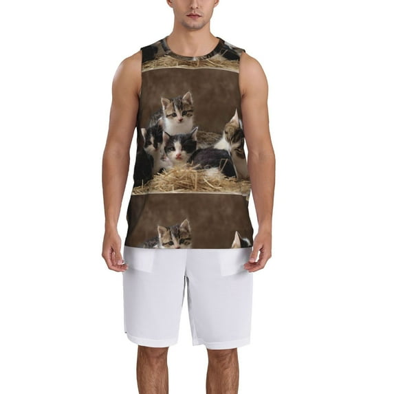 Pofeuu Cat Family Print Basketball Jersey, Shirts for Men Youth Basketball Jersey Crew Neck-Medium