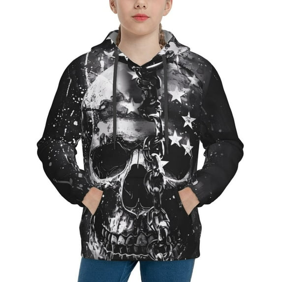 Pofeuu Chained Skull Artwork Print Kids Pullover Hoodies Warm Thick Hooded Sweatshirt with Packet for Boys Girls-Medium