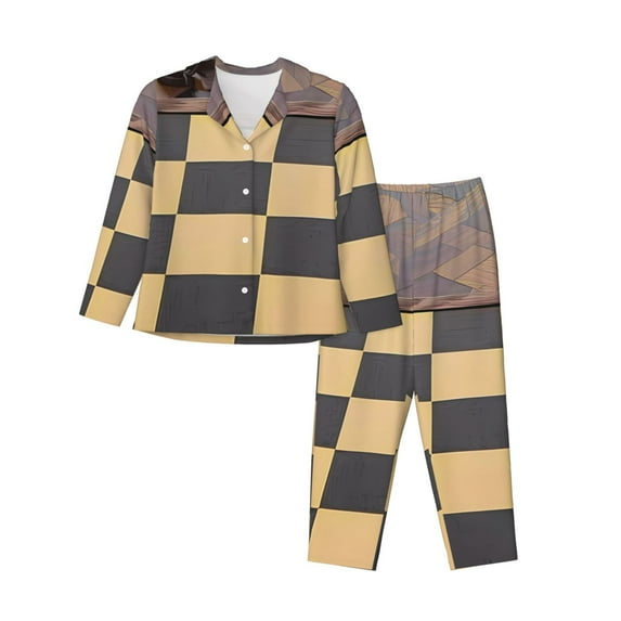 Pofeuu Chess Board With Pawns Print Womens Pajamas Set Long Sleeve Sleepwear Button Down Nightwear Soft Pj Lounge Sets Button Down Pajamas Women-Large