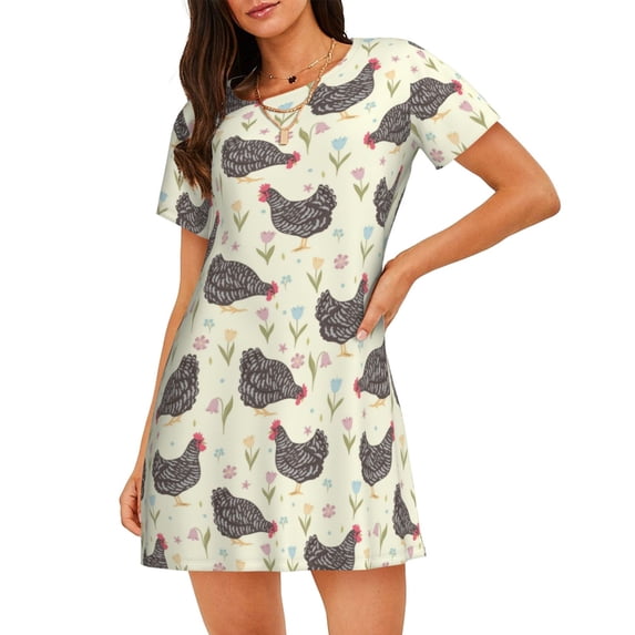 Pofeuu Chickens And Flowers Print Women's Loose Fit Short Sleeve Nightgown, Comfortable Sleep Dress for Women, Casual Lounge Sleepwear, Soft Cotton Sleep Dress