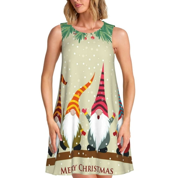 Pofeuu Christmas Card With Gnomes Print Women's Sleeveless Dress, Loose Fit Summer Dress, Casual Tank Dress for Women