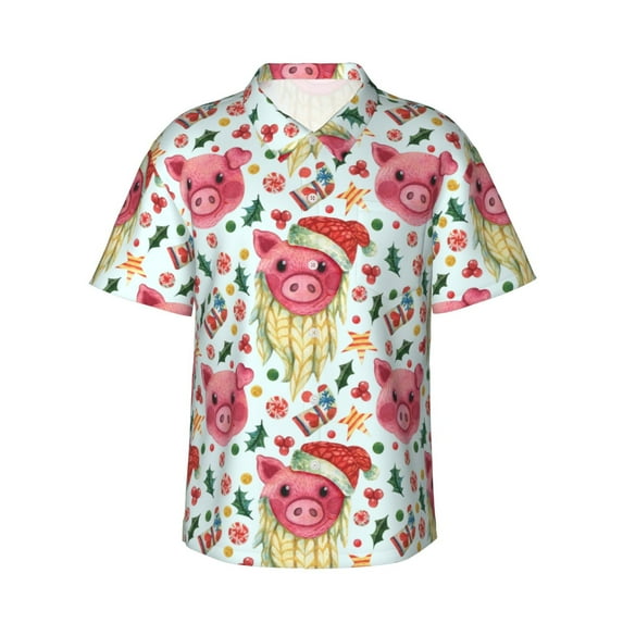 Pofeuu Christmas Cute Pigs Print Hawaiian Shirt for Men Sleeves Casual Button Down Summer Beach Dress Shirts T-Shirts,X-Large