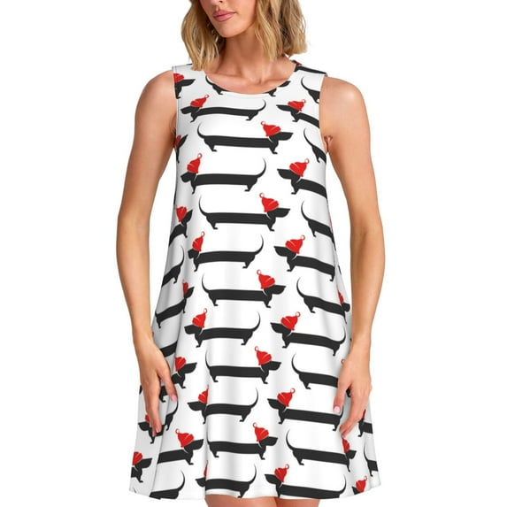 Pofeuu Christmas Dachshund Print Women's Sleeveless Dress, Loose Fit Summer Dress, Casual Tank Dress for Women