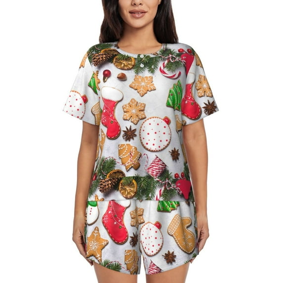Pofeuu Christmas Gingerbread Cookies Print Women's Pajama Set Short/Shorts Soft Button PJs Elastic Drawstring Waist Sleepwear-X-Large