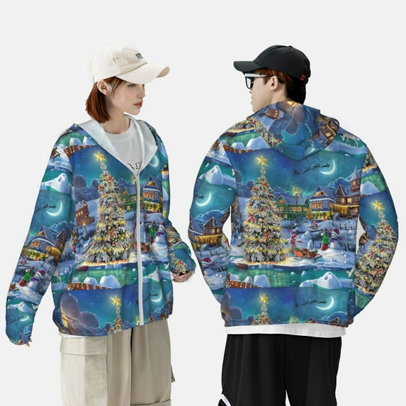 Pofeuu Christmas Tree Print Sun Protection Outdoor Lightweight Full Zip UV Cooling Hoodie Long Sleeve Summer Clothing for Outdoor Hiking-X-Large