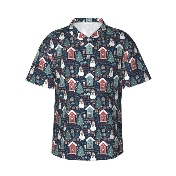 Pofeuu Christmas Village Print Hawaiian Shirt for Men Sleeves Casual Button Down Summer Beach Dress Shirts T-Shirts,Medium