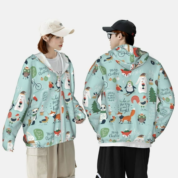 Pofeuu Christmas Winter Animals Print Sun Protection Outdoor Lightweight Full Zip UV Cooling Hoodie Long Sleeve Summer Clothing for Outdoor Hiking-X-Large
