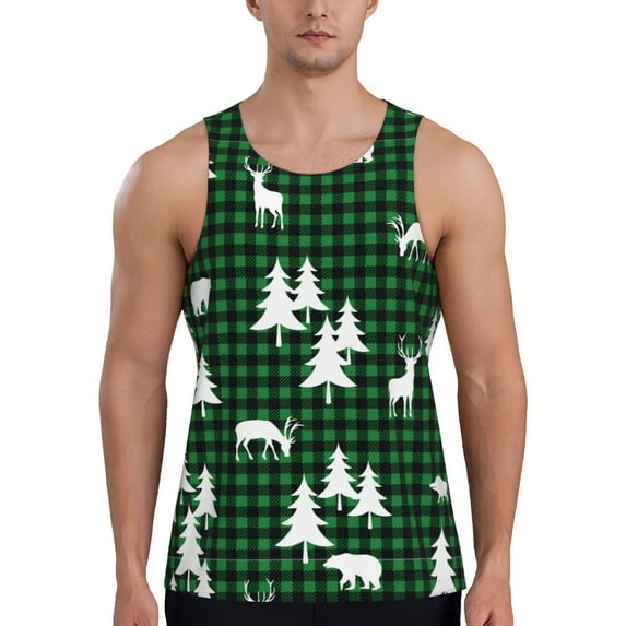 Pofeuu Christmas tree green plaid Print Men's Workout Tank Tops Sleeveless Muscle Gym Shirt Quick Dry-3X-Large