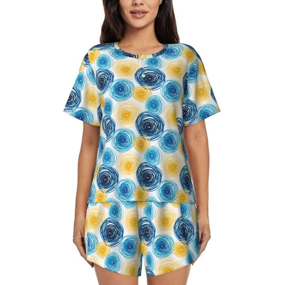 Pofeuu Circular Print Women's Pajama Set Short/Shorts Soft Button PJs Elastic Drawstring Waist Sleepwear-Large