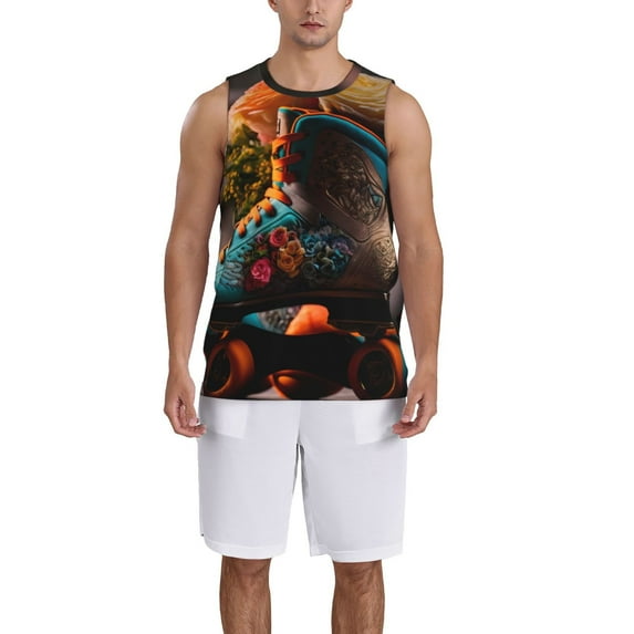 Pofeuu Classic Floral Blue Skate Shoes Print Basketball Jersey, Shirts for Men Youth Basketball Jersey Crew Neck-Large