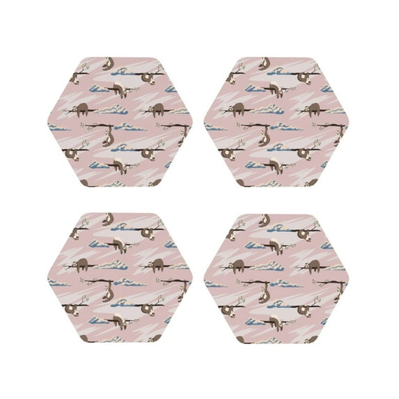 Pofeuu Cloud Sloth Print Coasters for Drinks, 4Pack PU Leather Coasters, Bar Drink Coasters for Tabletop Protection, Furniture from Damage-Hexagon