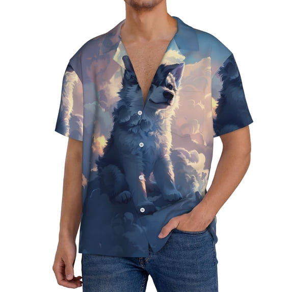 Pofeuu Cloud Wolf Print Mens Casual Short Sleeve Shirts Beach Summer Spread Collar Pocket Tops Men's Casual Short-sleeved Shirt-Large