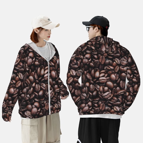 Pofeuu Coffee Bean Print Sun Protection Outdoor Lightweight Full Zip UV Cooling Hoodie Long Sleeve Summer Clothing for Outdoor Hiking-Large
