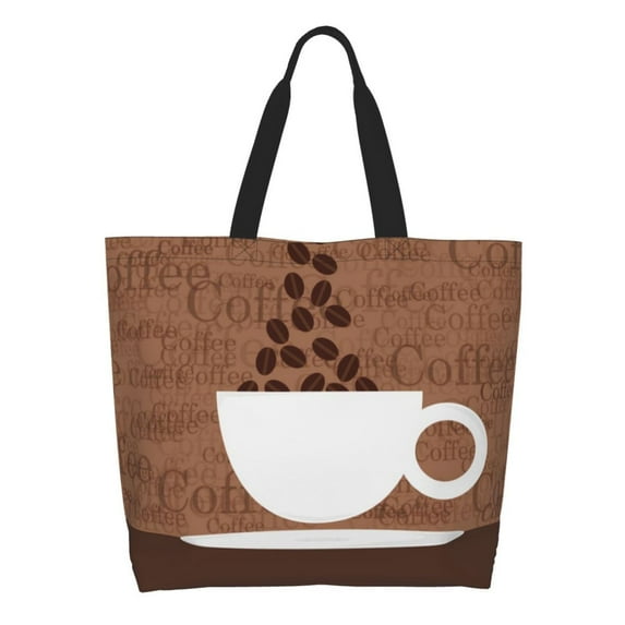 Pofeuu Coffee Cafe Cup Print Reusable Grocery Bags - Washable, Foldable, Packable Tote, Large Handles, Heavy Duty, Zippered Top Pouch