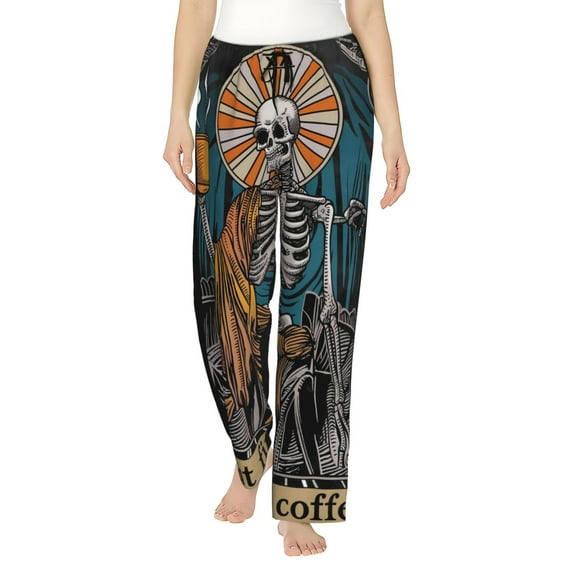Pofeuu Coffee-Drinking Skull Print Women's Fashion Pajama Pants with Pockets Comfy Drawstring Sleep Lounge Bottoms-Large
