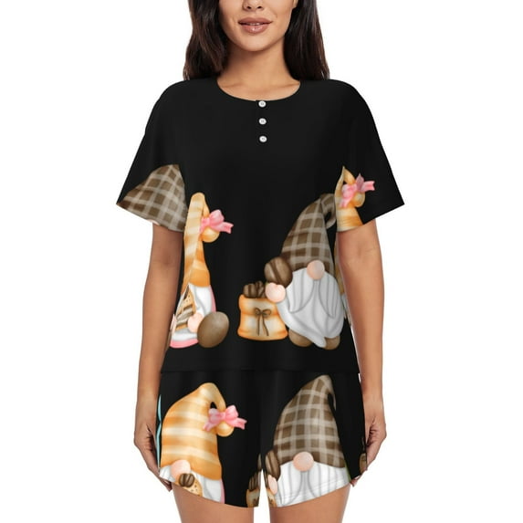 Pofeuu Coffee Gnome (2) Print Women's Pajama Set Short/Shorts Soft Button PJs Elastic Drawstring Waist Sleepwear-Medium