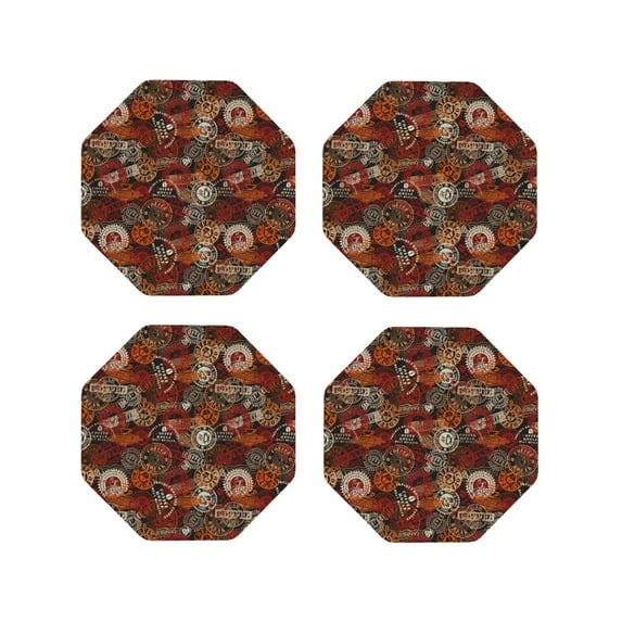 Pofeuu Coffee Stamp Print Coasters for Drinks, 4Pack PU Leather Coasters, Bar Drink Coasters for Tabletop Protection, Furniture from Damage-Octagon
