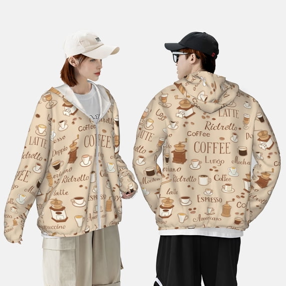 Pofeuu Coffee Time Print Sun Protection Outdoor Lightweight Full Zip UV Cooling Hoodie Long Sleeve Summer Clothing for Outdoor Hiking-Large