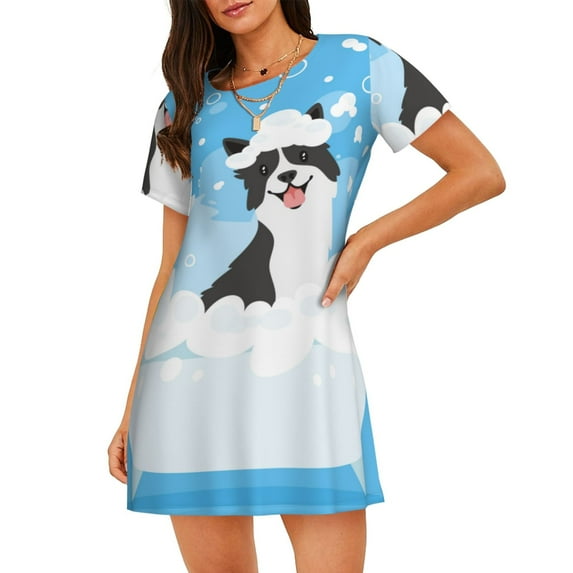 Pofeuu Collie in Bathtub Print Women's Loose Fit Short Sleeve Nightgown, Comfortable Sleep Dress for Women, Casual Lounge Sleepwear, Soft Cotton Sleep Dress