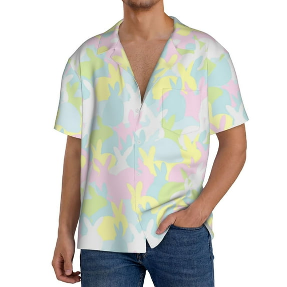 Pofeuu Color Rabbit Print Mens Casual Short Sleeve Shirts Beach Summer Spread Collar Pocket Tops Men's Casual Short-sleeved Shirt-Large