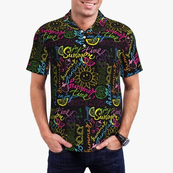 Pofeuu Color Summer Print Men's Loose Fit Midweight Short-Sleeve Pocket Polo-Small
