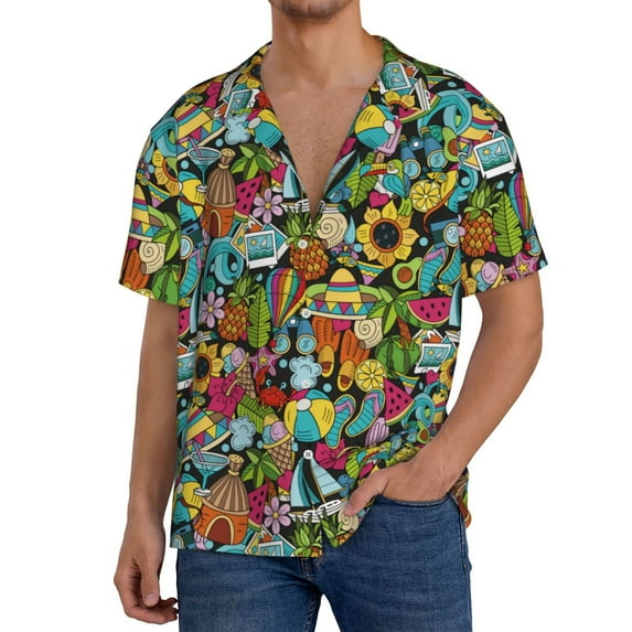 Pofeuu Color Summer Print Mens Casual Short Sleeve Shirts Beach Summer Spread Collar Pocket Tops Men's Casual Short-sleeved Shirt-Large