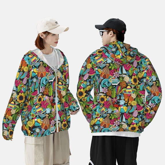 Pofeuu Color Summer Print Sun Protection Outdoor Lightweight Full Zip UV Cooling Hoodie Long Sleeve Summer Clothing for Outdoor Hiking-Medium
