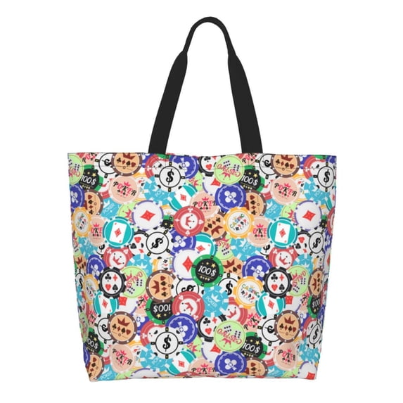 Pofeuu Colored Casino Chips Print Reusable Grocery Bags - Washable, Foldable, Packable Tote, Large Handles, Heavy Duty, Zippered Top Pouch