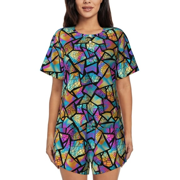 Pofeuu Colored Glass1 Print Women's Pajama Set Short/Shorts Soft Button PJs Elastic Drawstring Waist Sleepwear-4X-Large