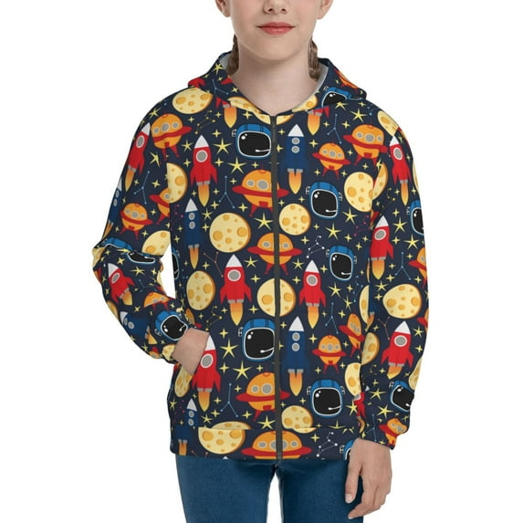 Pofeuu Colorful Astronomy Print Teenage Zipper Hoodie Sweatshirts Hooded Casual Jackets With Pocket For Boys Girls-Medium